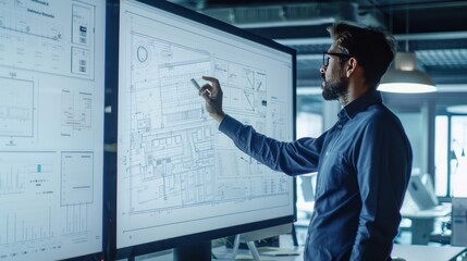 Architect reviewing architectural plans on a large digital screen in the office