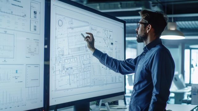 Architect reviewing architectural plans on a large digital screen in the office - Powered by Adobe