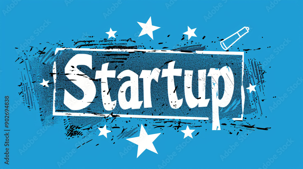 Poster grunge stamp with stars and rocket flying on a blue background representing a startup concept