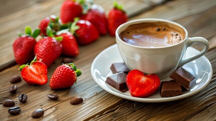 Coffee Cup Paired with a Heart-Shaped Plate of Strawberries and Chocolate on a Wooden Surface – A Romantic Day Treat