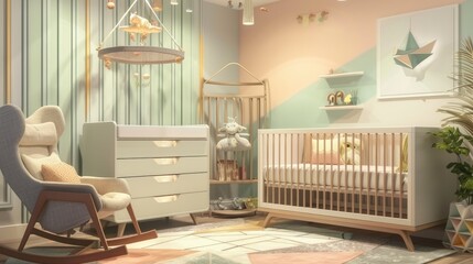 A modern nursery with a convertible crib, a changing table, soft pastel walls, a comfortable rocking chair, and a mobile hanging above the crib.