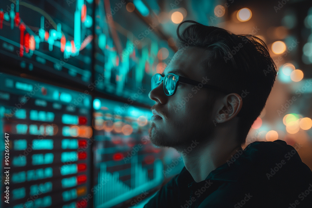 Poster an investor making decisions based on ai-generated financial forecasts.a man with glasses focuses on