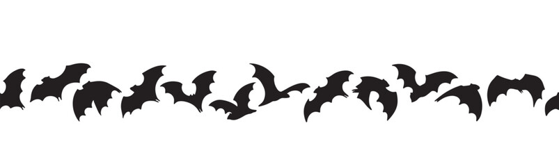 Halloween bat seamless border isolated on white background. Header for letters, websites, mailing lists. Bats for horror night holiday. Halloween black flying vampire bats.