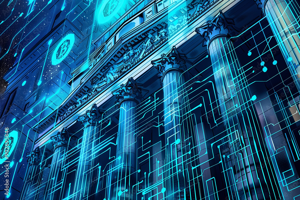 Poster illustrations of traditional financial institutions integrating blockchain technology.in front of a 