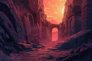 Ancient ruins bathed in the warm hues of a setting sun