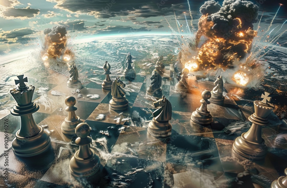 Poster planet earth is a chessboard. chess pieces move on it, and in places explosions and nuclear explosio