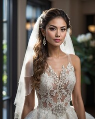 Elegant bride in lace wedding dress with veil
