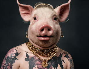 creative and surreal photograph of a pig wearing a necklace, tattoos, and a blonde wig.