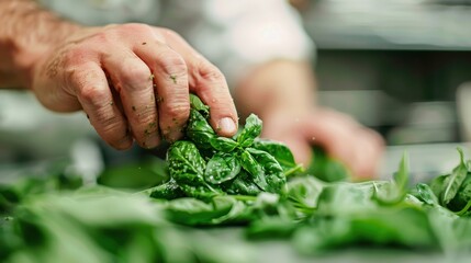 Close-up of a hand picking fresh green herbs from a pile of leaves, reflecting careful selection and focus on fresh ingredients, set in a kitchen or culinary setting.
