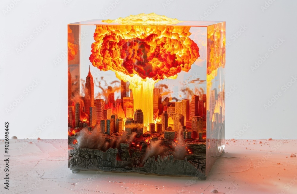 Poster concept. an atomic mushroom cloud explosion in the confined space of a transparent cube. no war