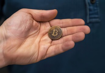 A man's hand holding an bitcoin coin, close-up of the palm and gold metal with black square pattern on it.