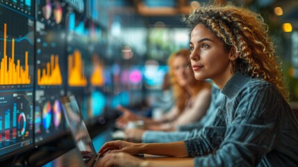 Young Professionals Analyzing Data on Large Screens in a Modern Office Environment During the Day