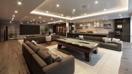 A modern suburban basement transformed into an entertainment hub with a pool table