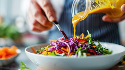 A fresh and vibrant mixed salad with various vegetables is being dressed with orange vinaigrette sauce by a person in a striped apron. The dish is perfectly colorful and appetizing.