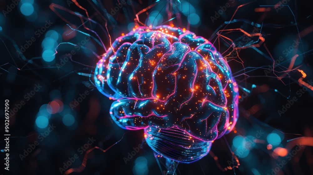 Aufkleber 3d render of a human brain with glowing links symbolizing the power of thought and neural connection