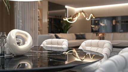 A modern suburban dining room with a black marble table