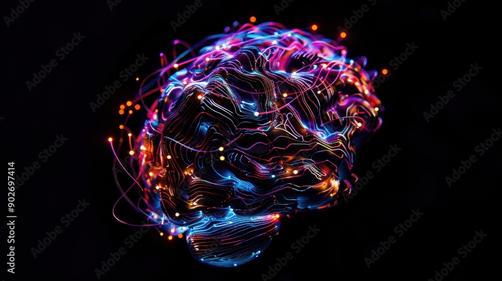 Poster digital human brain with glowing interconnecting neurons firing, symbolizing neural network activity