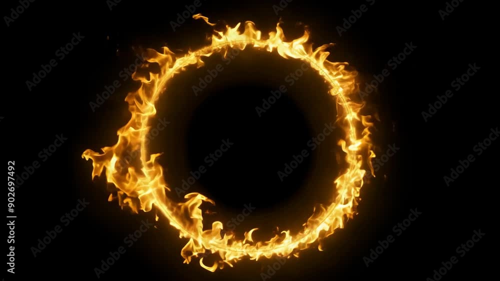 Poster abstract frame with animation of orange fire energy effect with flying particles and sparks on black