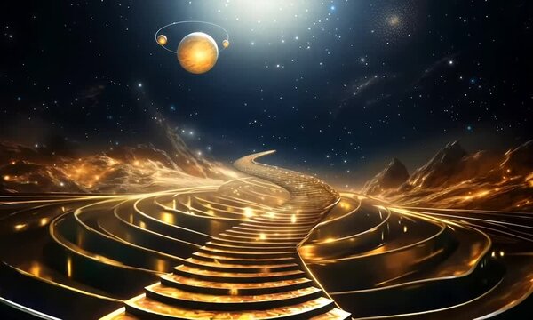 gold staircase on galaxy background