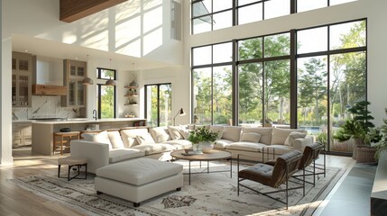 Envision a bright and airy living room with large windows, light colors, and comfortable seating.