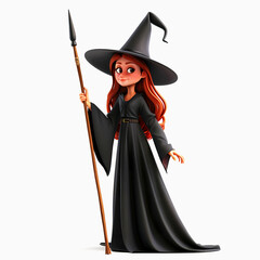 A Cartoon Witch Holding a Wooden Staff with a Black Tip