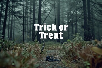 Frightening Forest Collage: Photos of a dark, haunted forest with lurking creatures and eerie fog. The text "Trick or Treat" in a spooky, forest-themed font.