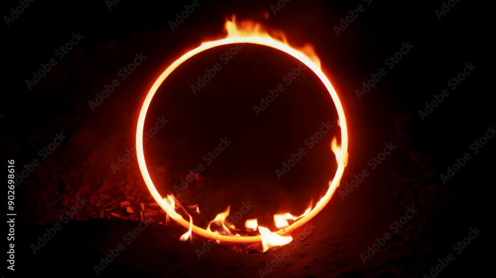 Poster abstract frame with animation of red fire energy effect with flying particles and sparks on black ba