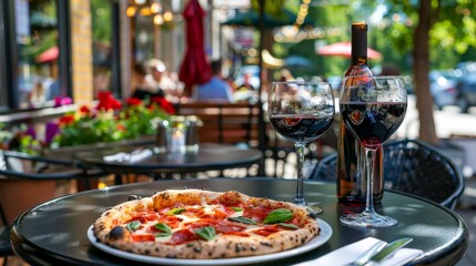 Fototapeta premium A table is set with a delicious pizza, a glass of wine, and a beautiful view of the street, creating a perfect spot for a leisurely meal.