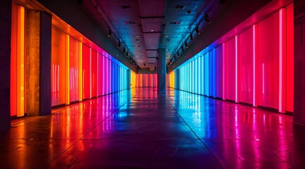 Empty dark room with colorful neon lights, displaying vertical stripes of different colors. - Powered by Adobe