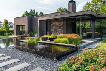 Obraz premium Modern eco-friendly house with flowers and plants