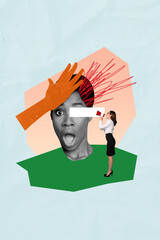 Composite collage artwork of young stupid employee girl listen about rules from her boss...