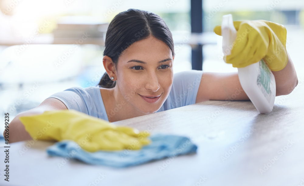 Poster Cleaning, wipe table and woman with cloth for hygiene, disinfection and bacteria for maid service. Housekeeping, housework and cleaner with detergents, spray bottle and gloves for sanitation in home