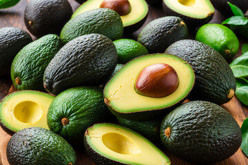 A pile of avocados with one cut open, highlighting the creamy texture and vibrant color avocado tree in the background
