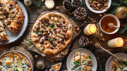 A Christmas pizza with toppings like roasted chestnuts, gorgonzola, and honey is a unique addition to the feast.