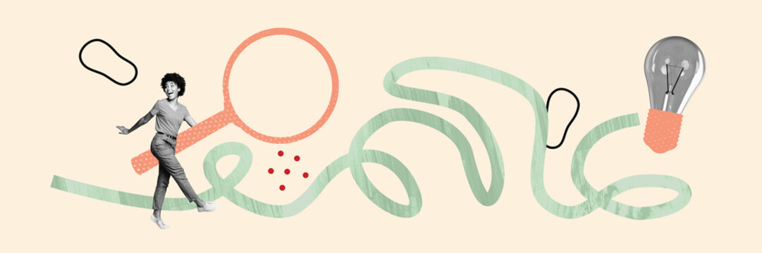 Composite panoramic collage of happy american businesswoman hold huge magnifier glass search light bulb idea isolated on painted background