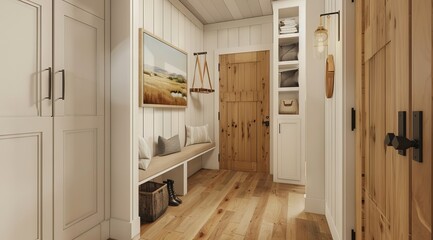 Mockup hallway with white paneling and wood flooring. modern farmhouse entryway with white paneling and wood flooring. The hallway features an open door leading to the living room