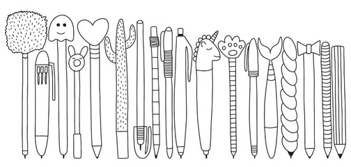 Obraz premium Pens and pencils vector doodle set. Different shapes of pens vector set