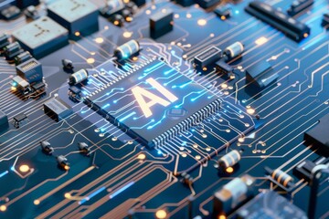 Artificial intelligence chip concept attached to digital circuit board. The Future of Computing: A Detailed Image of an AI Chip