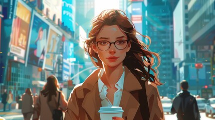 A businesswoman, elegantly dressed, navigates the bustling streets of the capital city, balancing a coffee cup and a phone call. Her determined expression and purposeful stride reflect her dedication