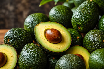 A pile of avocados with one cut open, highlighting the creamy texture and vibrant color avocado tree in the background