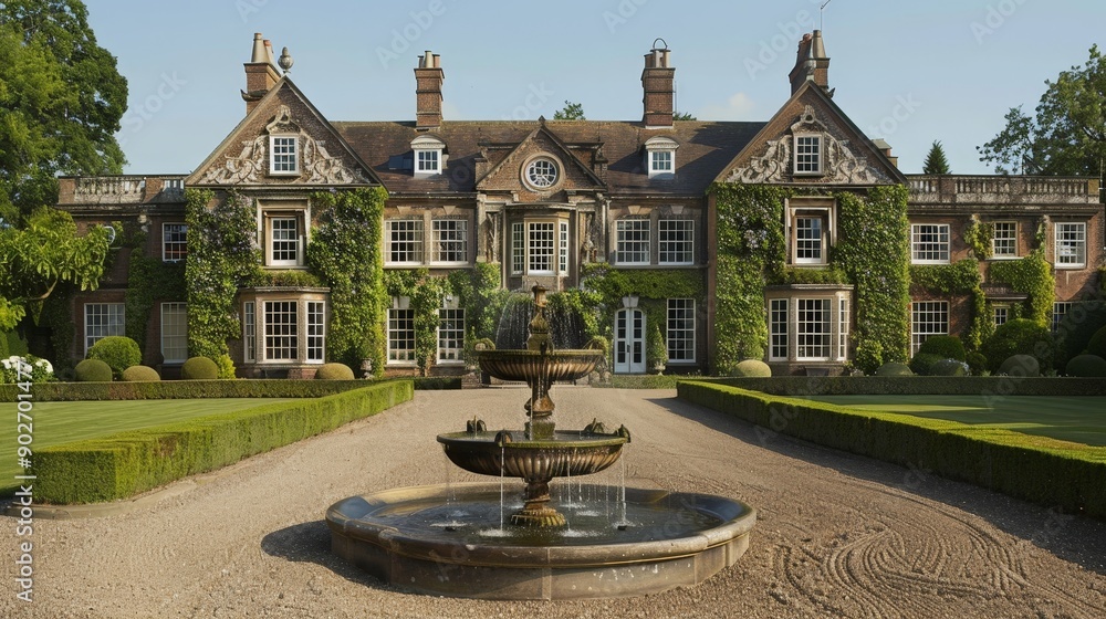 Poster Envision a stately manor house in the British countryside with ivy-covered walls, large windows, and a sweeping driveway.