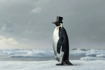 Fototapeta premium Gentleman Penguin: A penguin in a black tuxedo with a top hat and monocle, standing on an icy landscape.