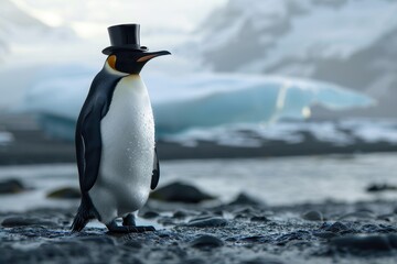 Fototapeta premium Gentleman Penguin: A penguin in a black tuxedo with a top hat and monocle, standing on an icy landscape.