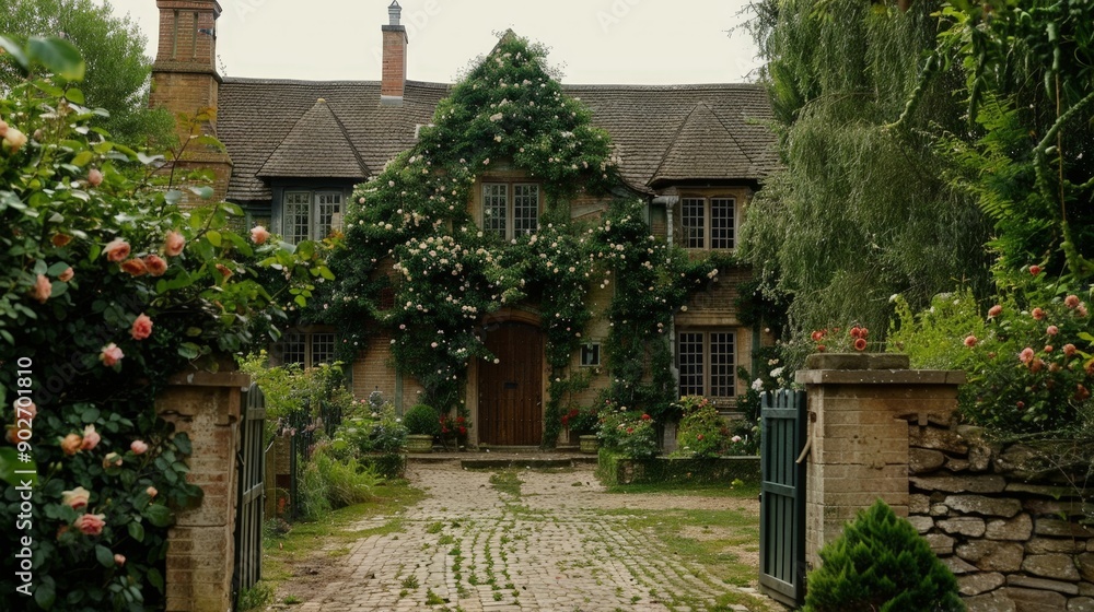 Poster envision a traditional english country house with ivy-covered walls, a thatched roof, and a beautifu