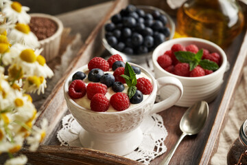 Budwig diet - a bowl of cottage cheese blended with flax seed oil with fresh berries