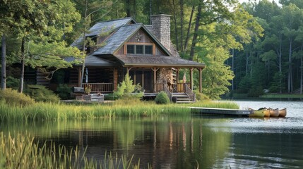 Envision a tranquil lakeside cabin with cedar siding, a stone chimney, and a wide porch.