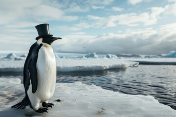 Obraz premium Gentleman Penguin: A penguin in a black tuxedo with a top hat and monocle, standing on an icy landscape.