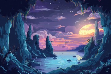 Fototapeta premium Mystical moonlight reflecting on tranquil water between giant rocks