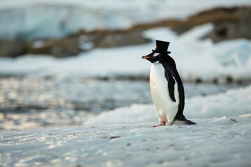 Obraz premium Gentleman Penguin: A penguin in a black tuxedo with a top hat and monocle, standing on an icy landscape.