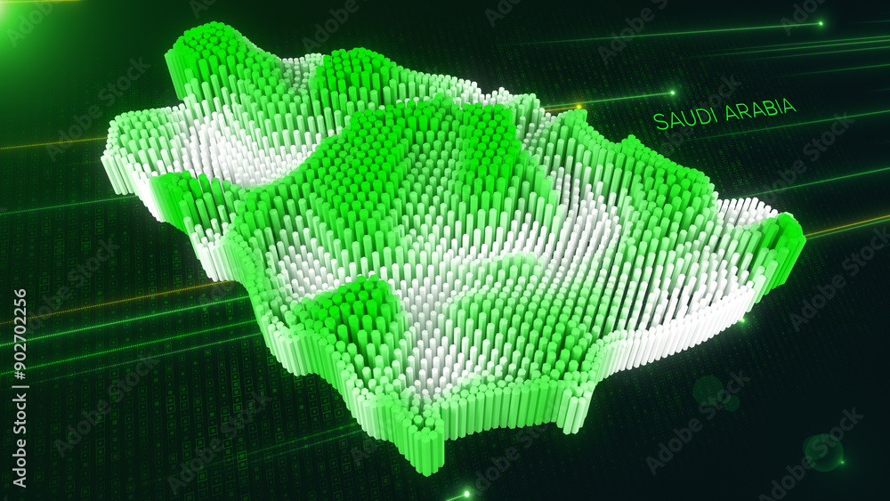 Poster digital 3d perspective dynamic rippling map of saudi arabia in green and white, set against dark fut